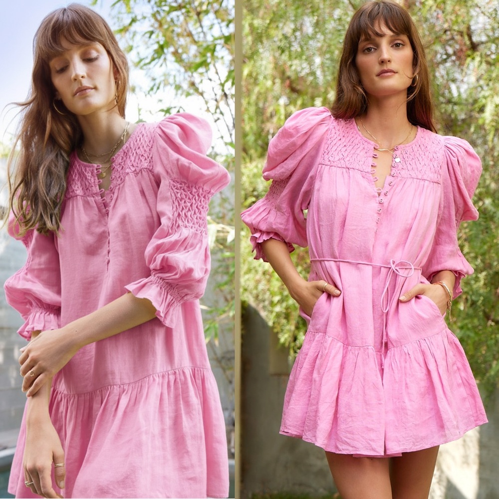 Self Contrast Anthropologie Linen Ysela Mini Dress in Pink Lady Medium